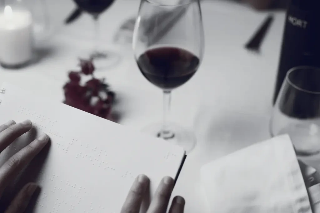 Guest reading a Braille menu in a restaurant, illustrating accessibility and inclusive design in hospitality