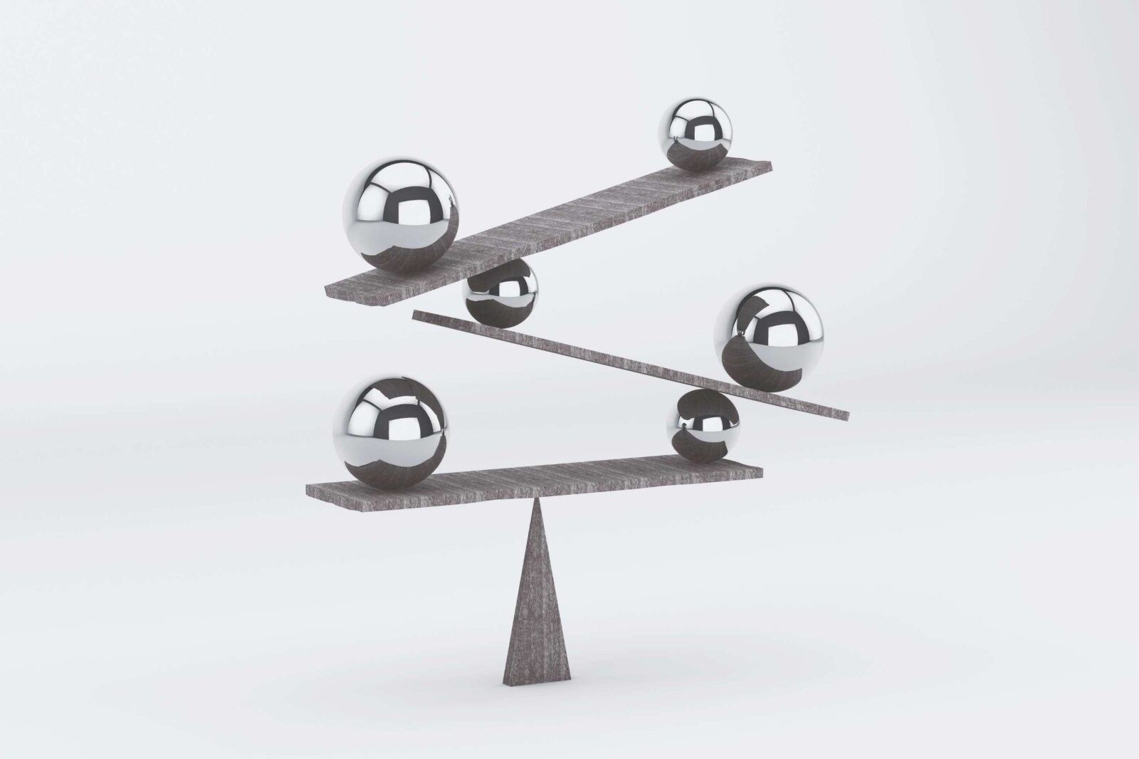Chrome spheres balanced on tiered stone seesaws, symbolising how hotels weigh competing sustainability investment priorities